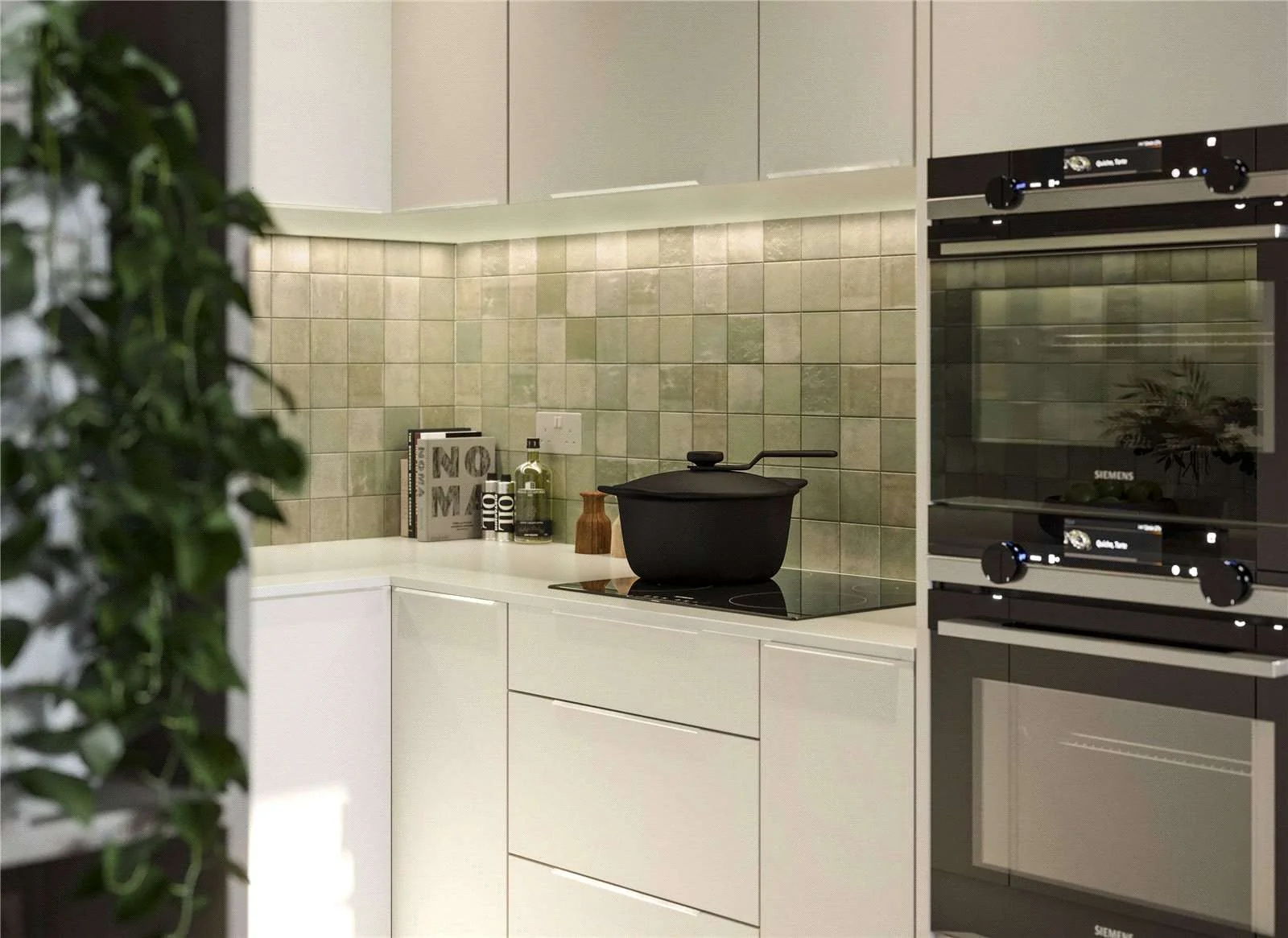 Artisi Hammersmith Town Hall London W6 Show Home Kitchen Green Zellige Splashback Siemens Double Oven Induction Hob Cream ...