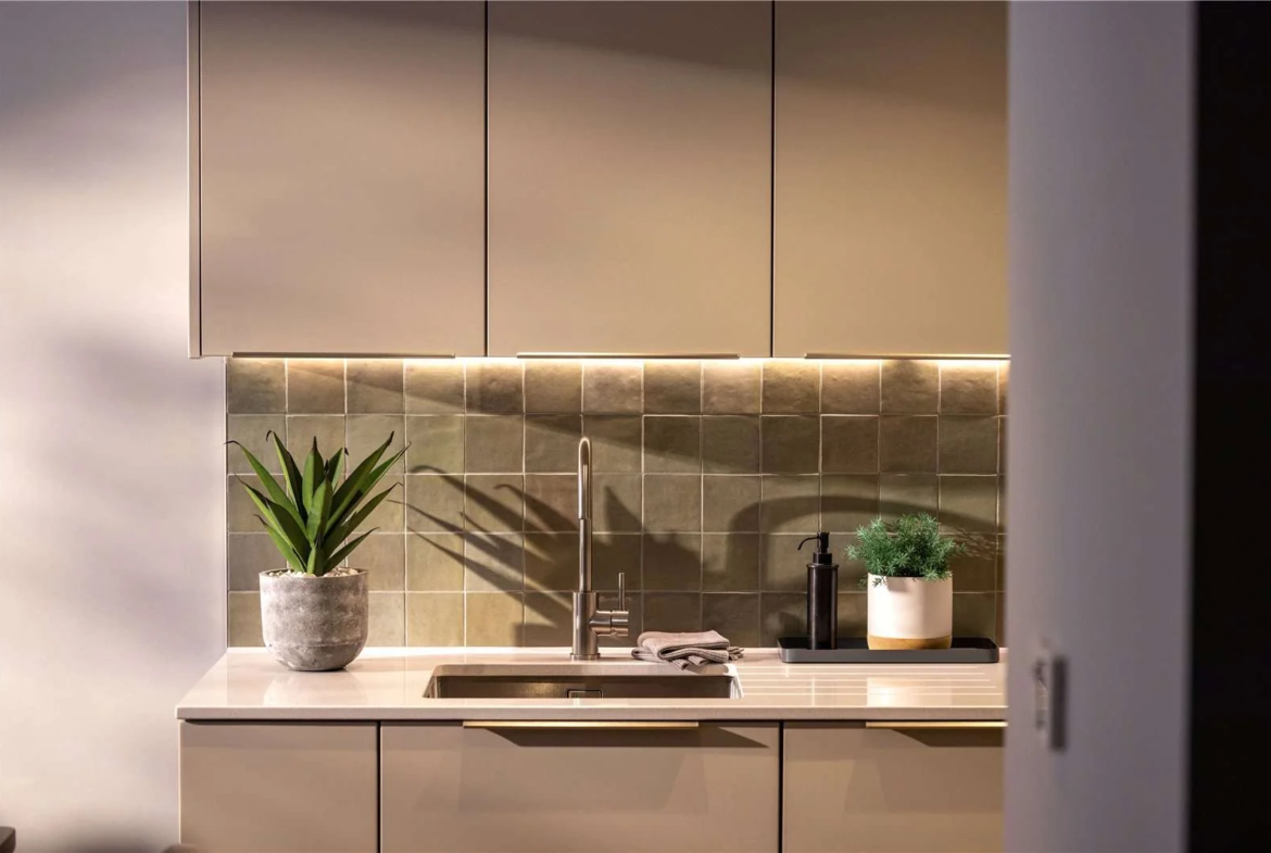Artisi Hammersmith Town Hall London W6 Show Home Kitchen Green Zellige Tile Splashback Under Cabinet Lighting