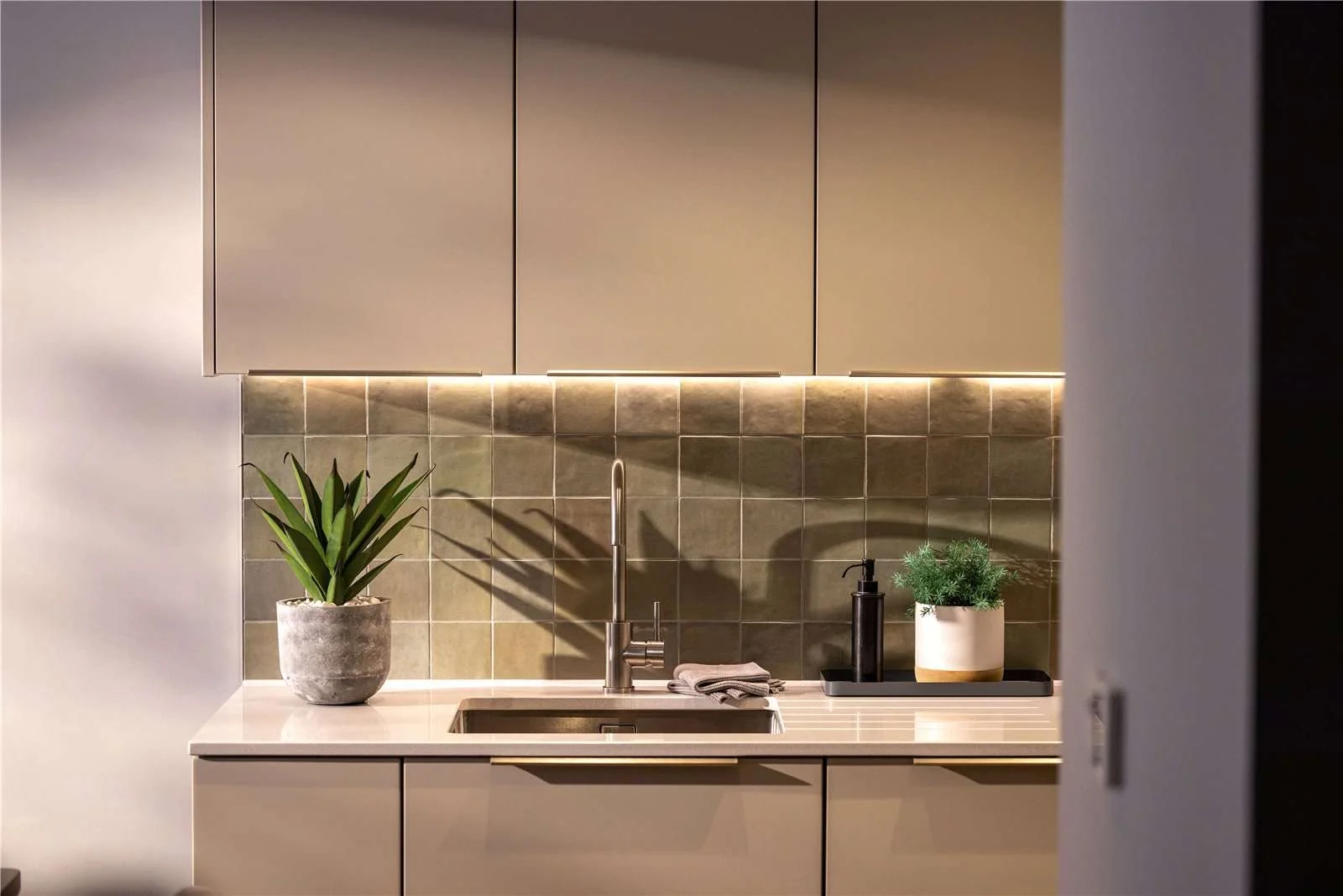 Artisi Hammersmith Town Hall London W6 Show Home Kitchen Green Zellige Tile Splashback Under Cabinet Lighting