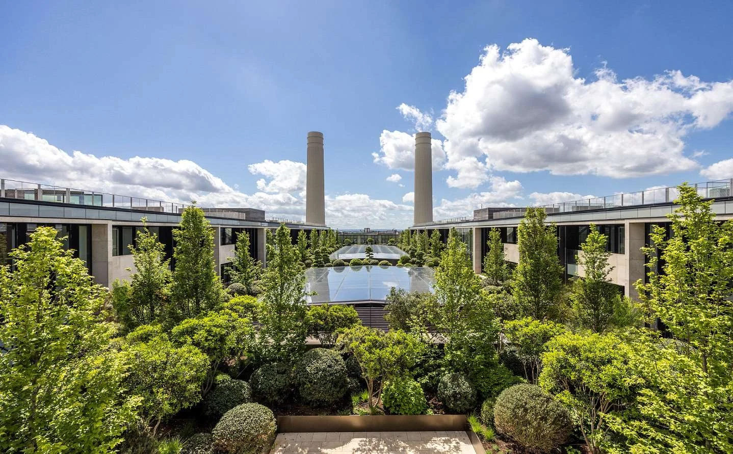 Boiler House Battersea Power Station Sw8 5bn London Sky Villa Kitchen Marble Island Pink Velvet Bar Stools