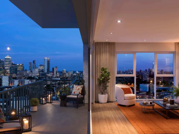 Bow Green London E3 Apartment Interior Evening Canary Wharf Night View