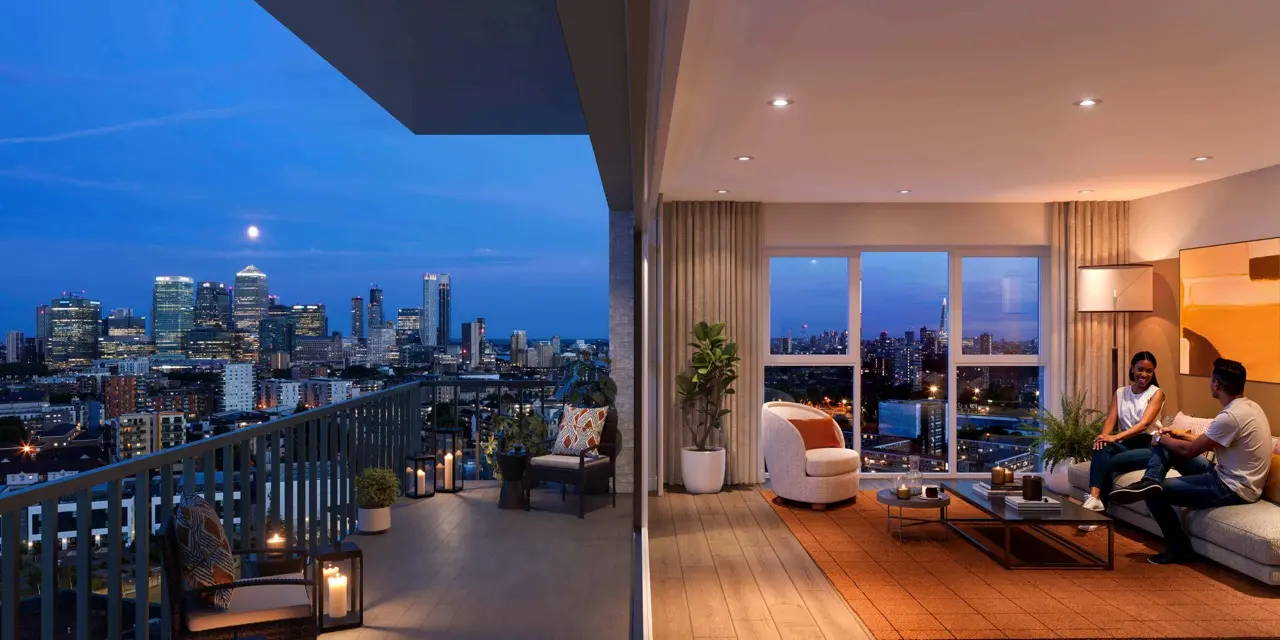 Bow Green London E3 Apartment Interior Evening Canary Wharf Night View