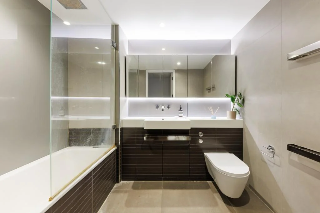 Circus West Village 8 Circus Road West Battersea Sw11 London 1 Bed Apartment Bathroom Bath Shower Wall Hung Toilet Dark Ti...