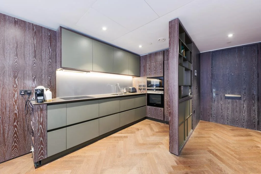 Circus West Village 8 Circus Road West Battersea Sw11 London 1 Bed Apartment Kitchen Green Matte Handleless Cabinets Herri...