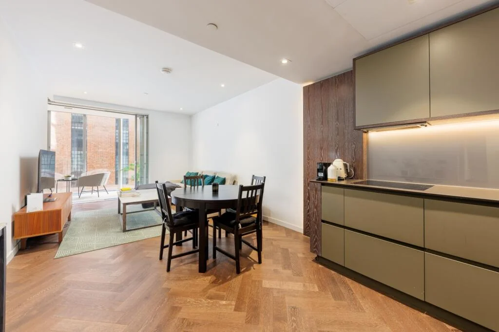 Circus West Village 8 Circus Road West Battersea Sw11 London 1 Bed Open Plan Kitchen Dining Living Green Matte Cabinets He...