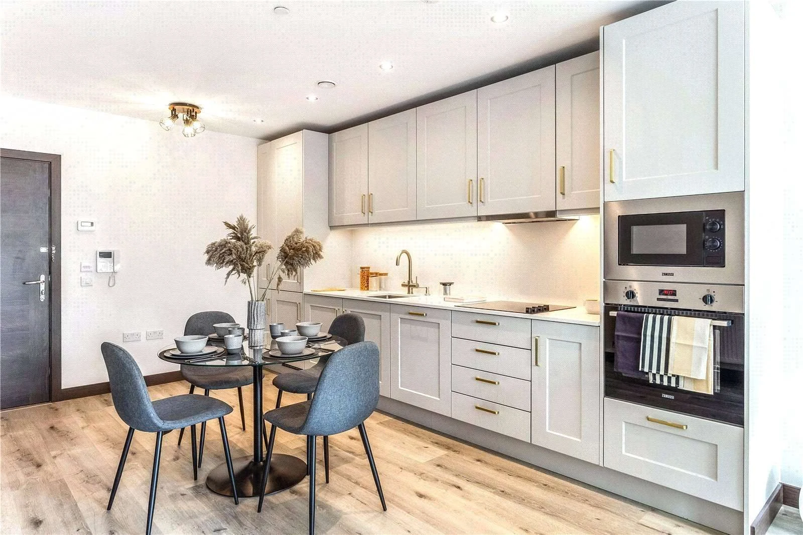 Dylon Riverside Apartment Se26 Sydenham London Designer Kitchen Zanussi Appliances Gold Handles Dining Area