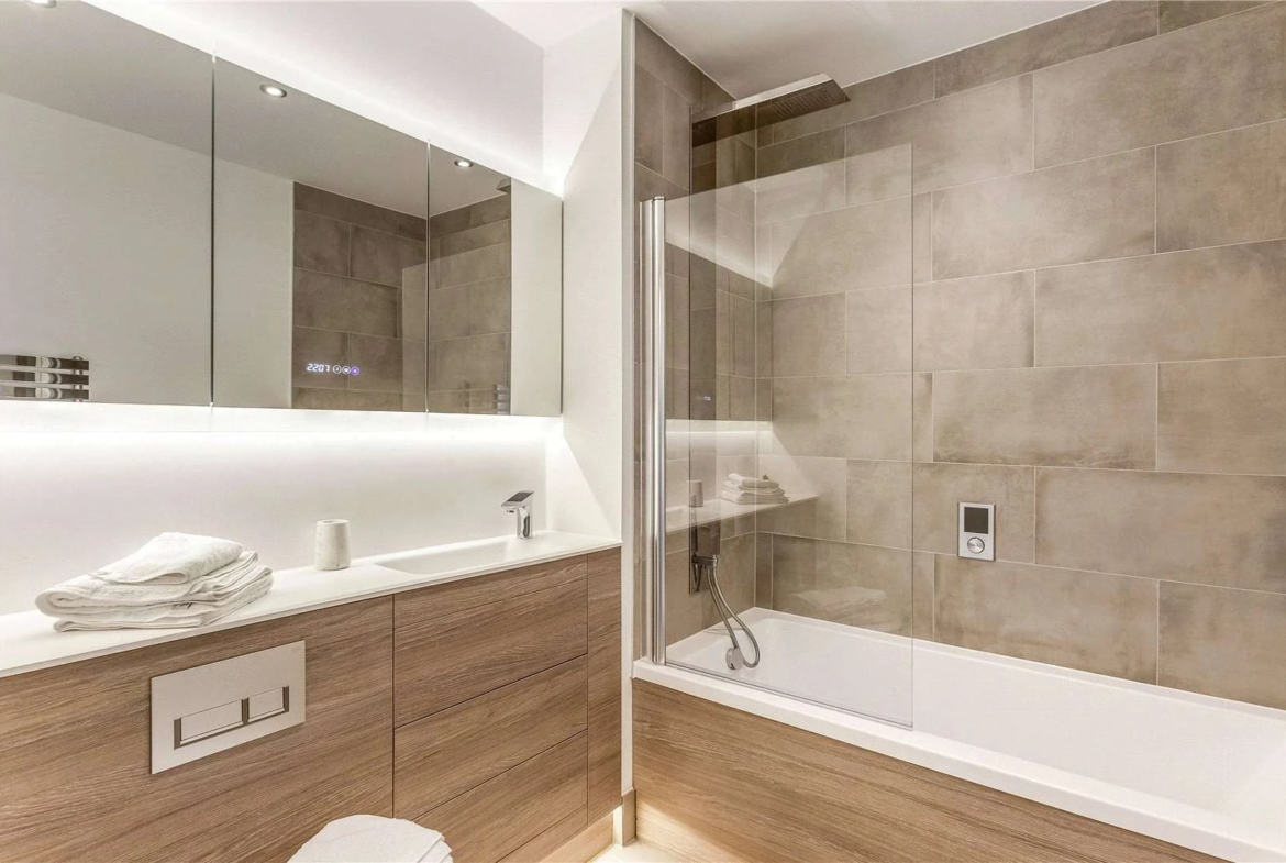 Dylon Riverside Samuel Apartments Se26 London Luxury Bathroom Bath Overhead Shower Wood Vanity Smart Mirror