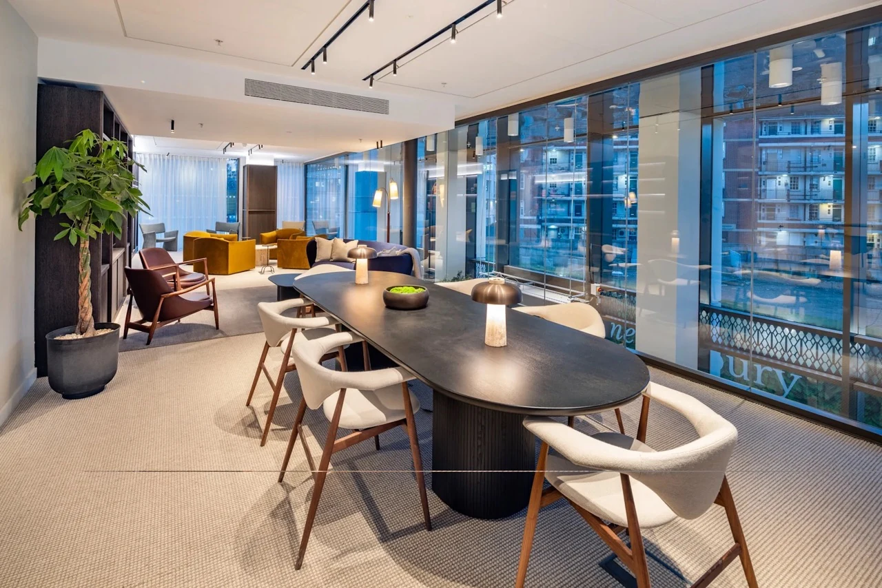Ebury Sw1 Sw1w Westminster London 2 Bed Apartment Residents Co Working Lounge Dining Table City Views Night