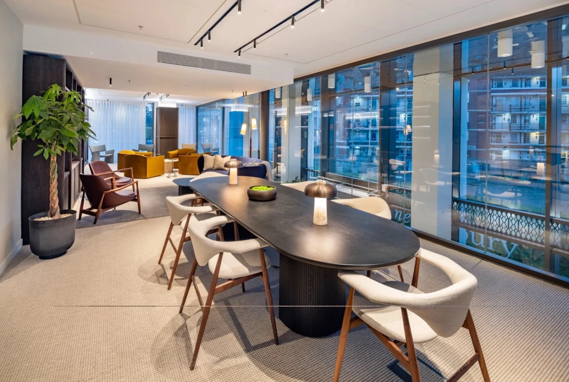 Ebury Sw1 Sw1w Westminster London 3 Bedroom Apartment Residents Co Working Lounge Dining Table City Views Night