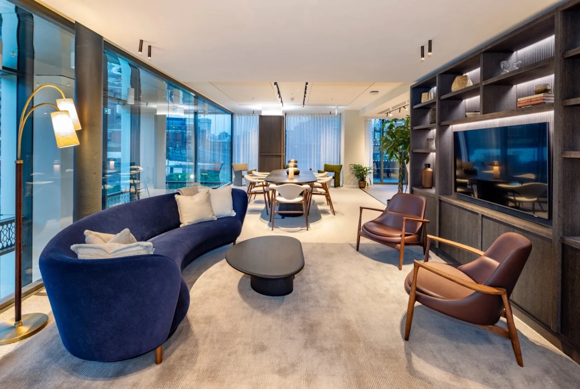 Ebury Sw1 Sw1w Westminster London 3 Bedroom Apartment Residents Lounge Curved Navy Sofa Leather Armchairs Floor To Ceiling...