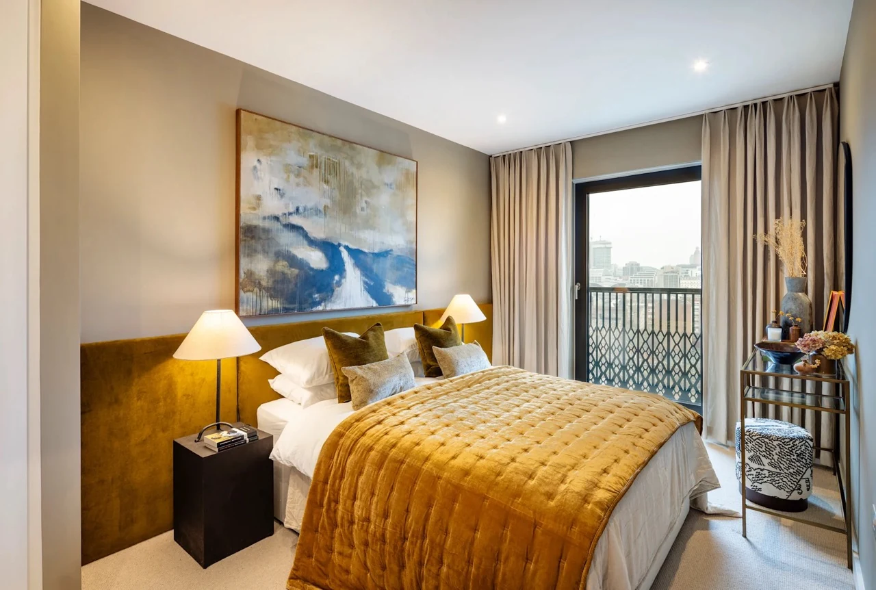 Ebury Sw1 Sw1w Westminster London Double Bedroom Ochre Velvet Headboard Balcony Battersea Views Luxury Apartment
