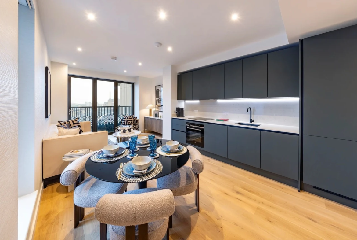 Ebury Sw1 Sw1w Westminster London Open Plan Kitchen Dining Navy Cabinets Led Lighting Balcony City Views