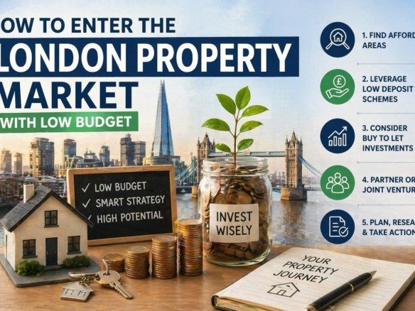How to enter the London property market with low budget showing skyline, house model, savings jar and investment strategy