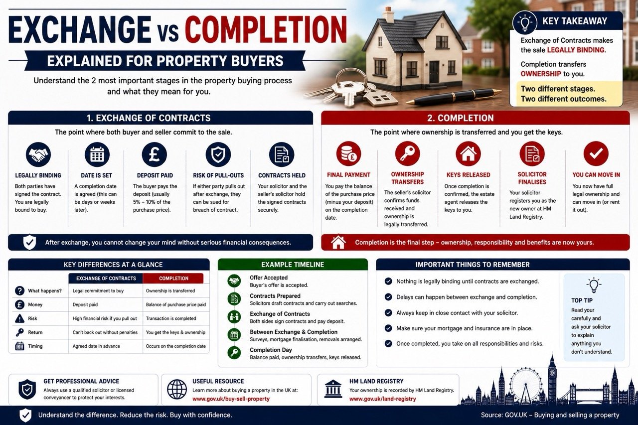 Exchange vs completion explained for property buyers in the UK including legal binding stage ownership transfer and completion process