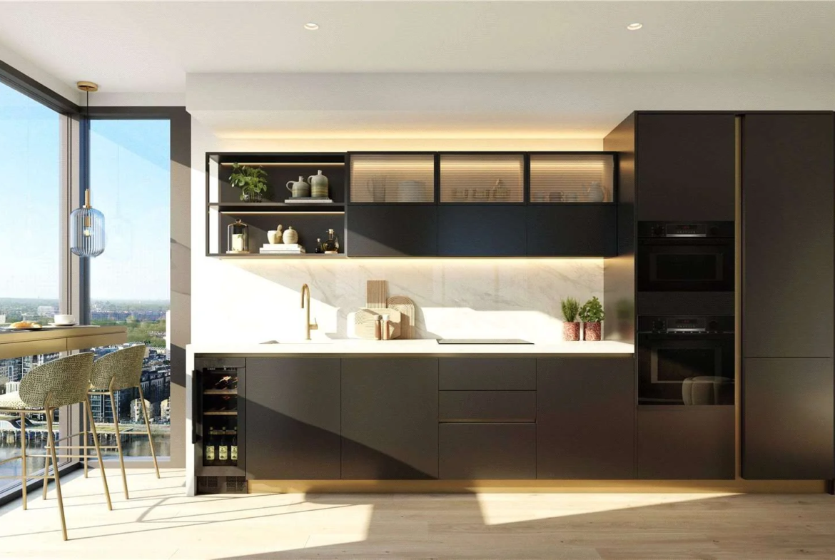 Hilight 100 York Road Battersea London Sw11 Luxury Kitchen Grey Cabinetry Quartz Worktops Wine Cooler Thames Views