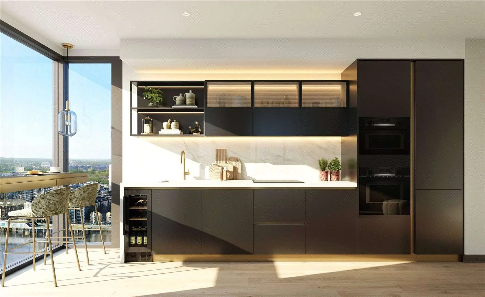 Hilight 100 York Road Battersea London Sw11 Luxury Kitchen Grey Cabinetry Quartz Worktops Wine Cooler Thames Views