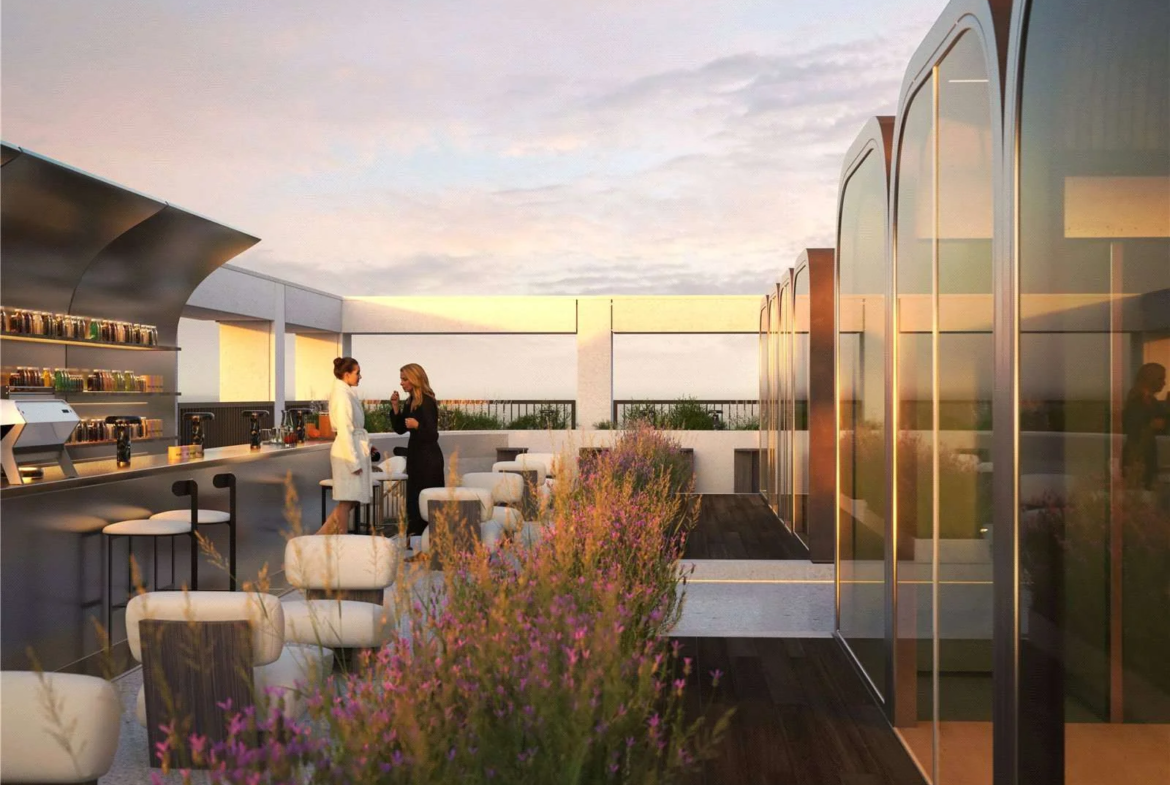 Hilight 100 York Road Battersea London Sw11 Rooftop Bar Terrace Heather Garden Sauna Pods Dusk