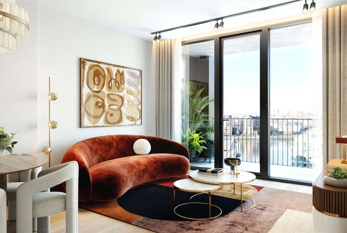 Hilight 100 York Road Battersea Sw11 London Living Room Rust Velvet Sofa Balcony Thames View Cgi