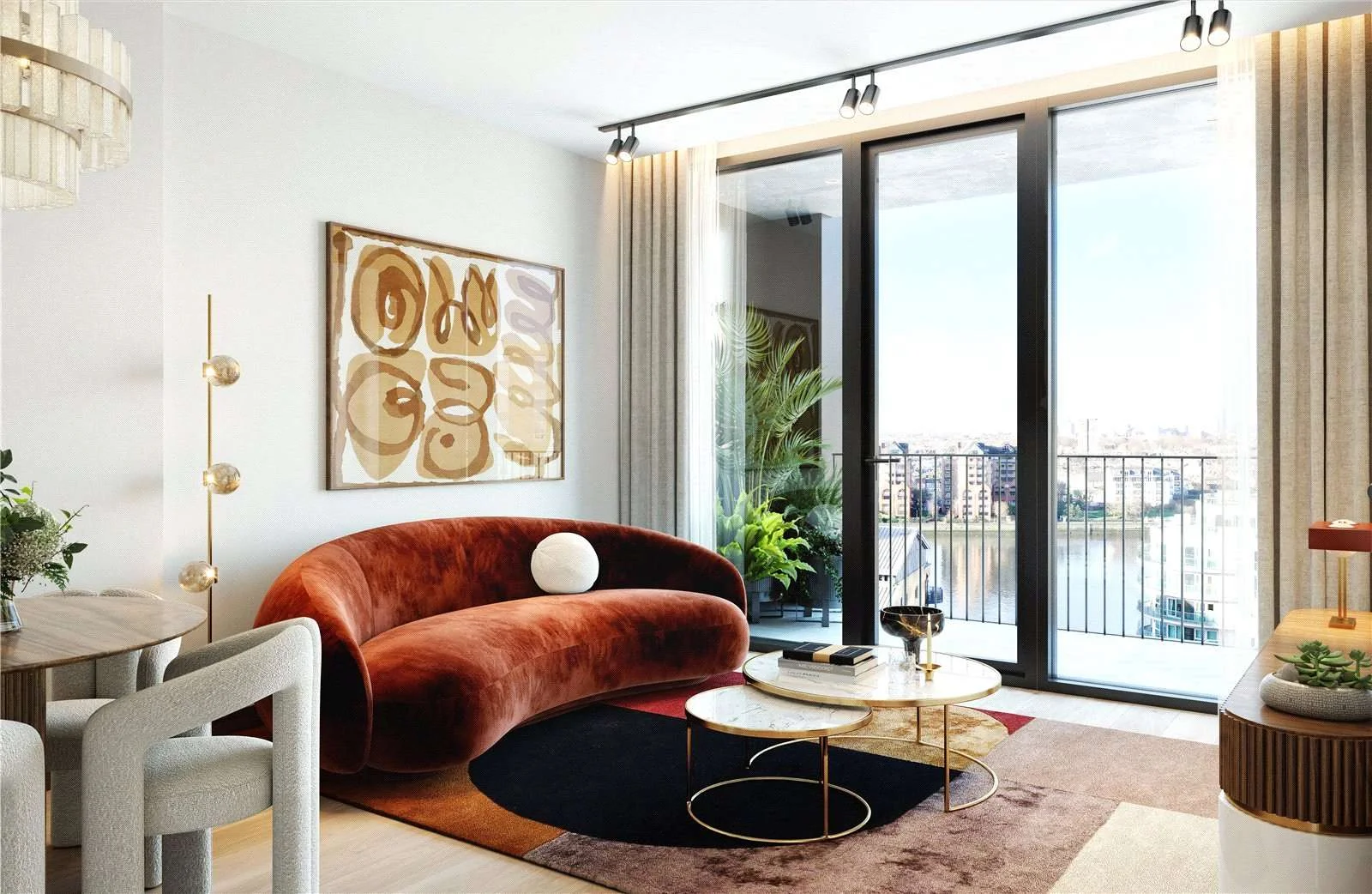 Hilight 100 York Road Battersea Sw11 London Living Room Rust Velvet Sofa Balcony Thames View Cgi