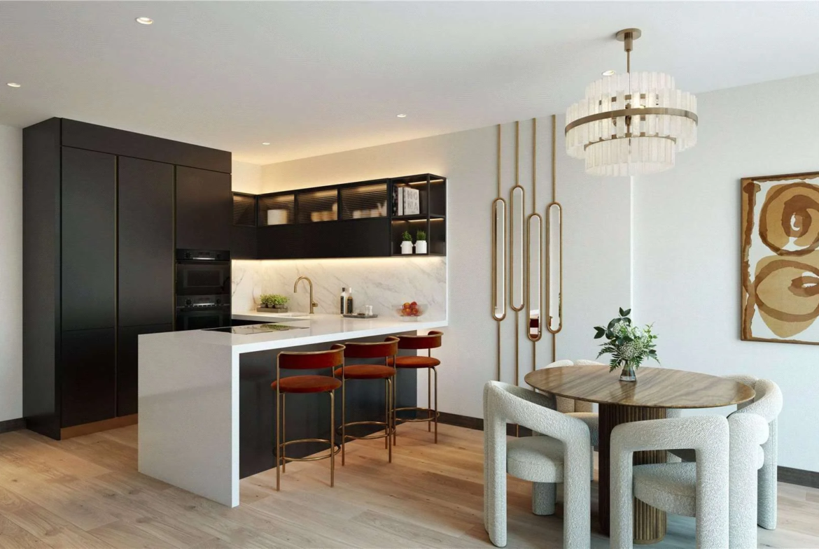 Hilight 100 York Road Battersea Sw11 London Open Plan Kitchen Dark Cabinets Quartz Island Dining Cgi