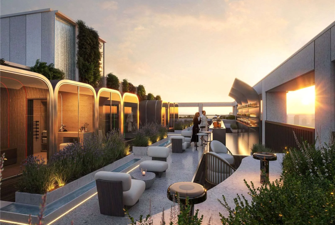 Hilight 100 York Road Battersea Sw11 London Rooftop Spa Terrace Sauna Pods Landscaped Garden Sunset Cgi