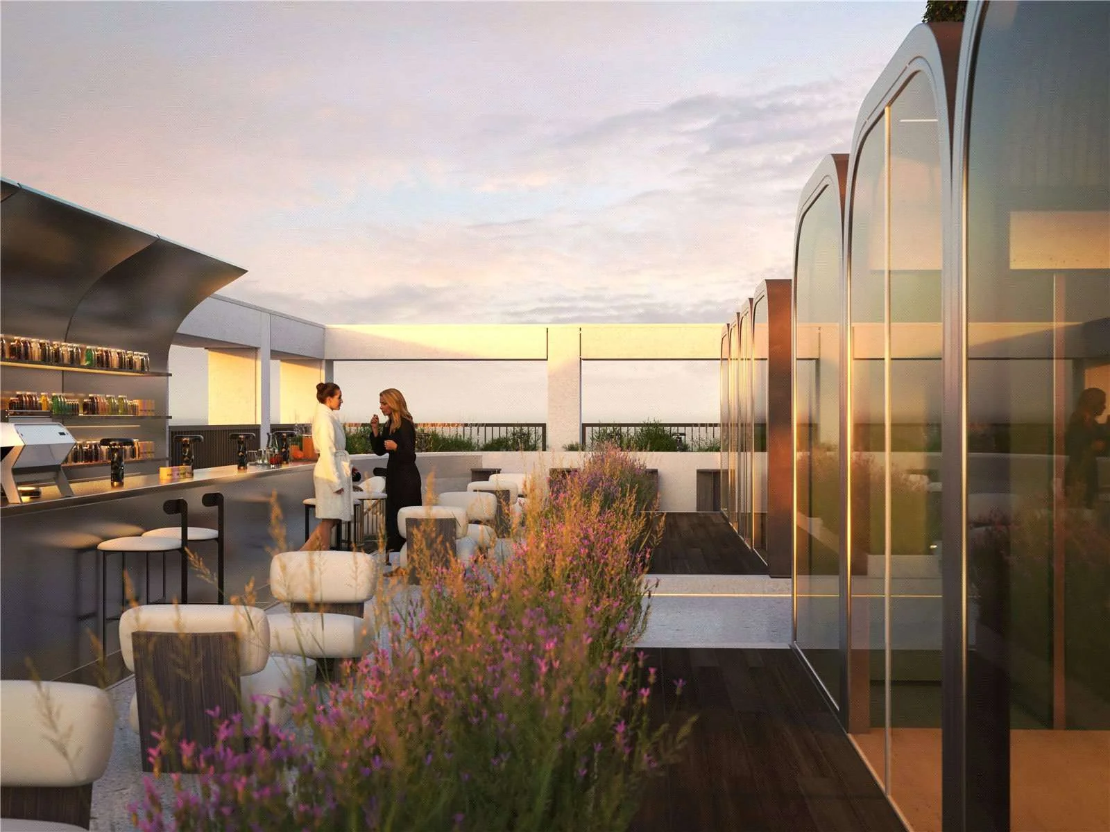 Hilight 100 York Road Battersea Sw11 London Rooftop Wellness Terrace Bar Treatment Pods Sunset Cgi