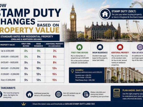 How stamp duty changes based on property value in the UK including tax bands and rates for London property buyers