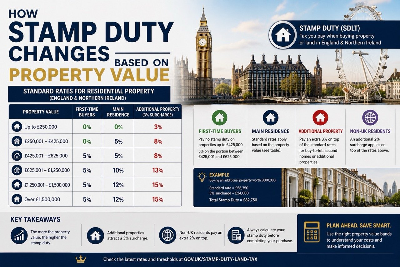 How stamp duty changes based on property value in the UK including tax bands and rates for London property buyers