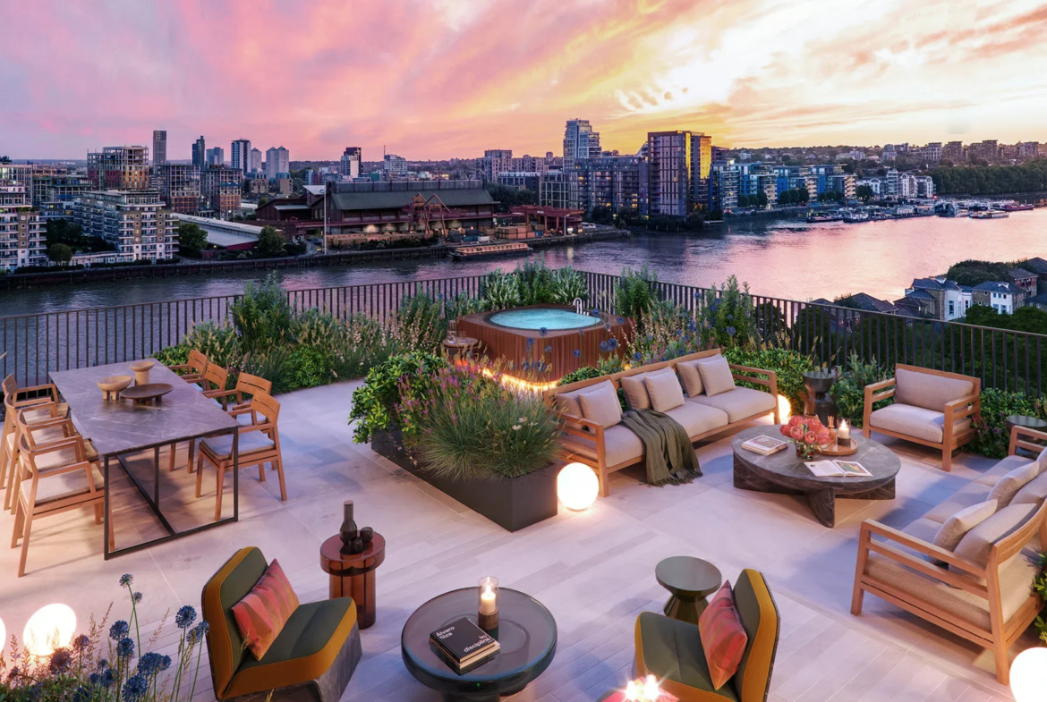 Hurlingham Waterfront Sw6 2tz London Exterior Riverside Dusk Thames Wandsworth Bridge Road Cgi