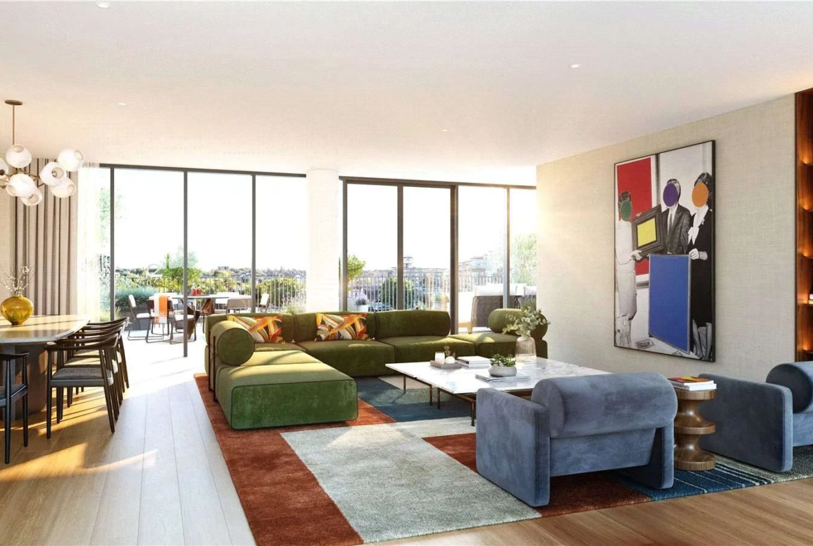 Hurlingham Waterfront Sw6 2tz London Open Plan Kitchen Marble Island Sage Cabinets Balcony Cgi