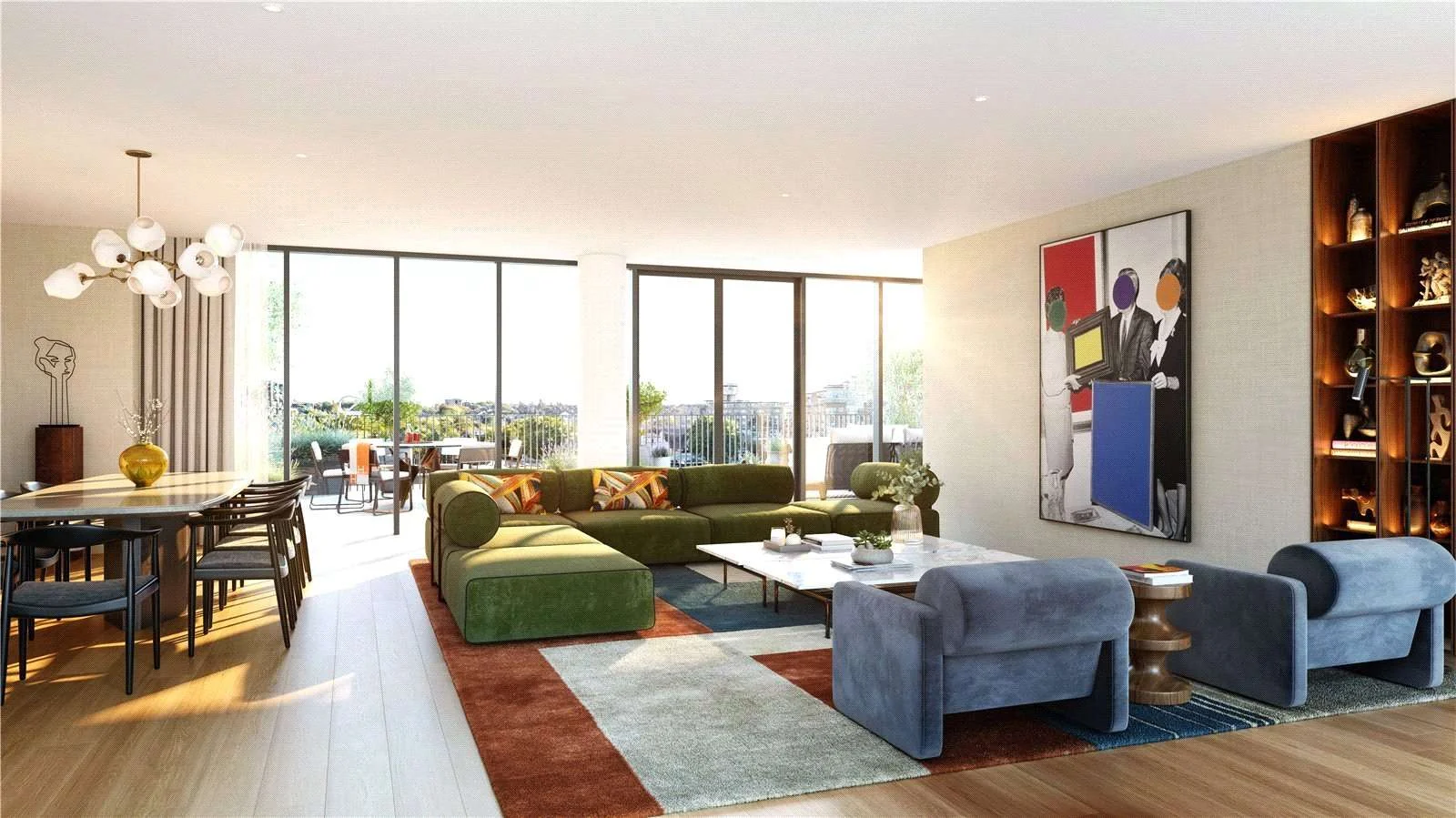 Hurlingham Waterfront Sw6 2tz London Open Plan Kitchen Marble Island Sage Cabinets Balcony Cgi