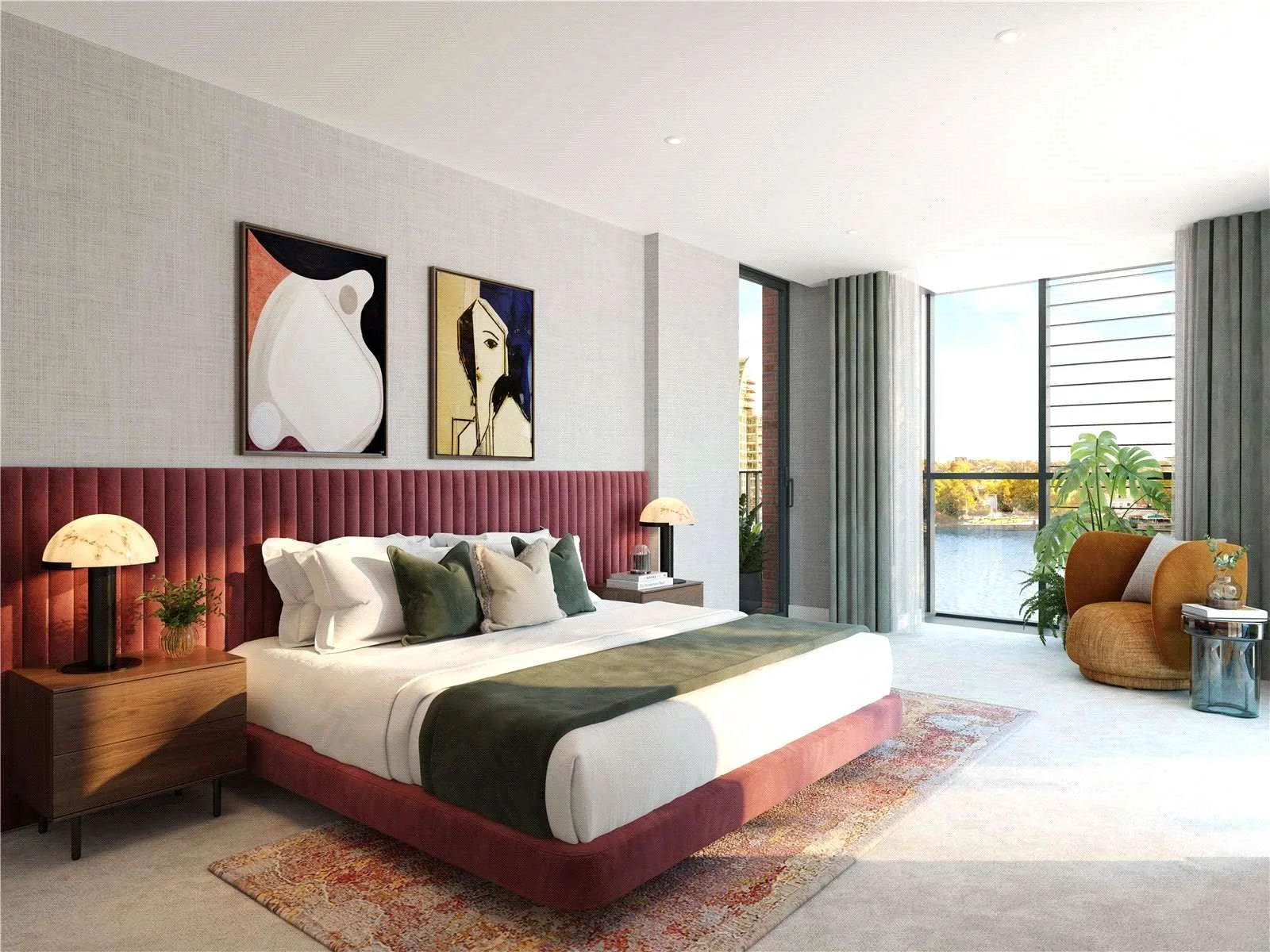 Hurlingham Waterfront Sw6 2tz London Open Plan Living Dining Room Green Sofa Terrace View Cgi