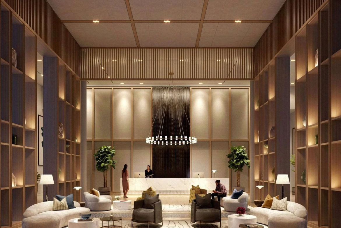 Hurlingham Waterfront Sw6 London Concierge Lobby Double Height Oak Shelving Chandelier Marble Desk Cgi