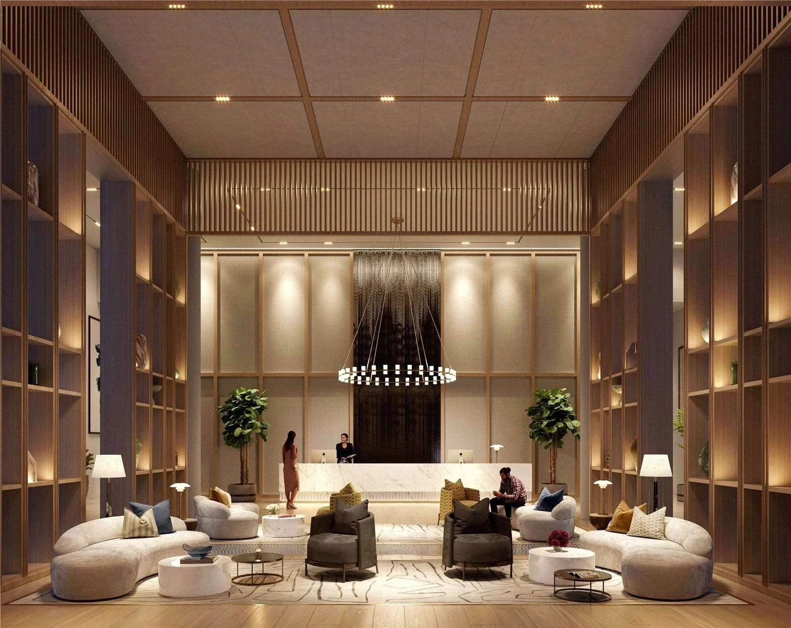 Hurlingham Waterfront Sw6 London Concierge Lobby Double Height Oak Shelving Chandelier Marble Desk Cgi