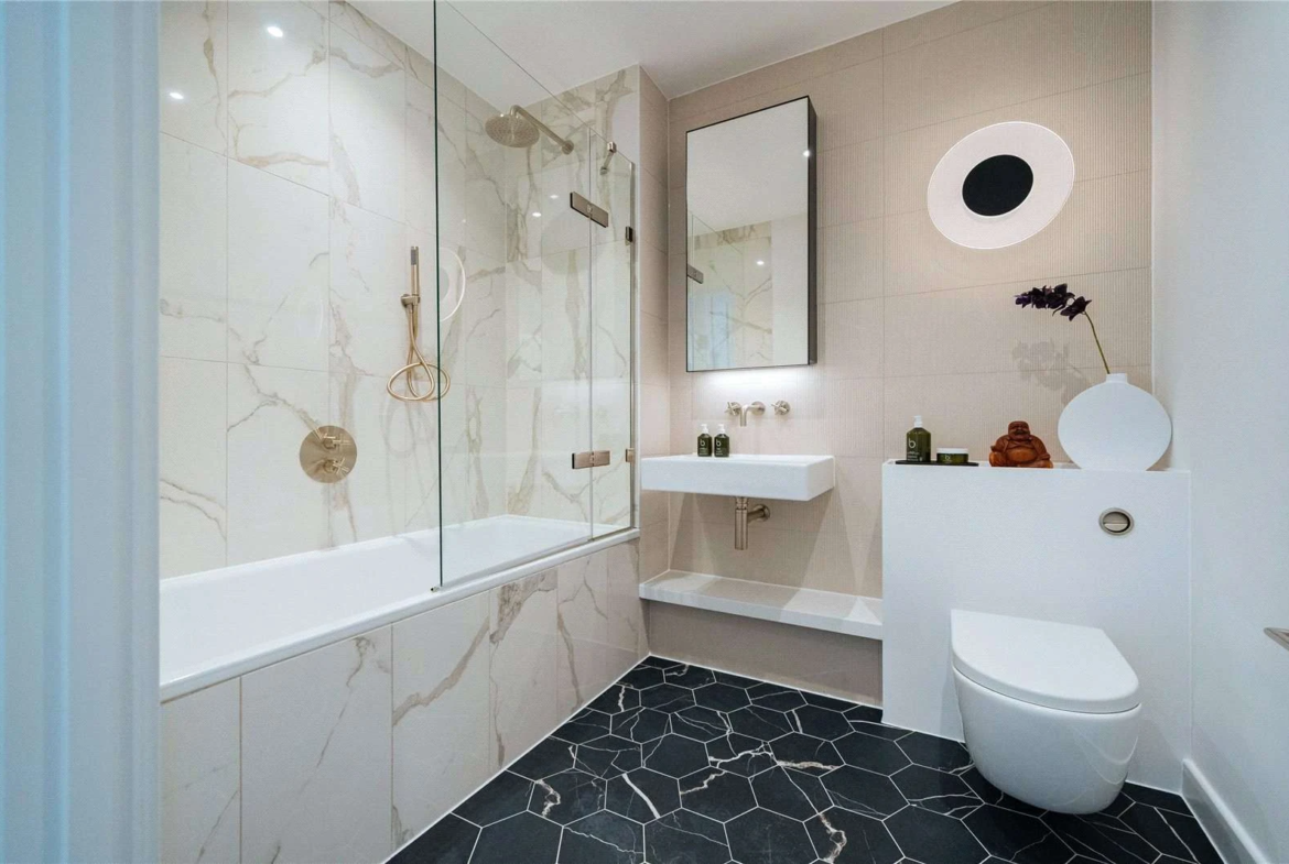 Hurlingham Waterfront Sw6 London Luxury Bathroom Marble Tiles Bath Shower Hexagon Floor Brushed Brass Fixtures