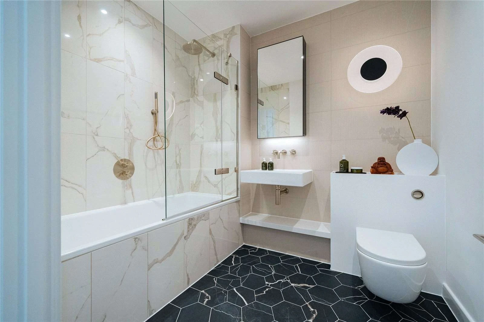 Hurlingham Waterfront Sw6 London Luxury Bathroom Marble Tiles Bath Shower Hexagon Floor Brushed Brass Fixtures