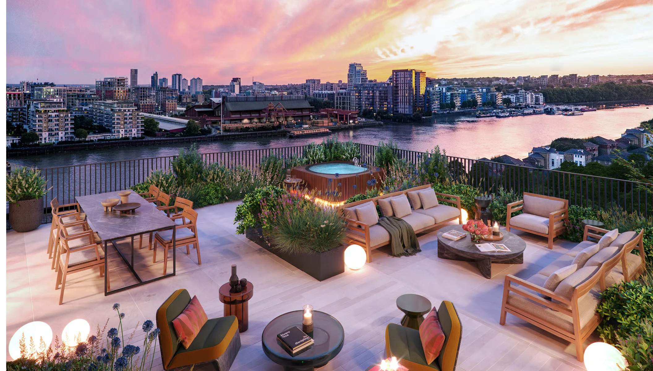 Hurlingham Waterfront Sw6 London Luxury Kitchen Marble Island Balcony Cgi