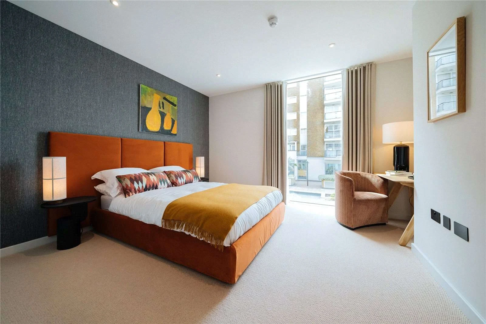 Hurlingham Waterfront Sw6 London Master Bedroom Floor To Ceiling Windows River View Orange Velvet Bed