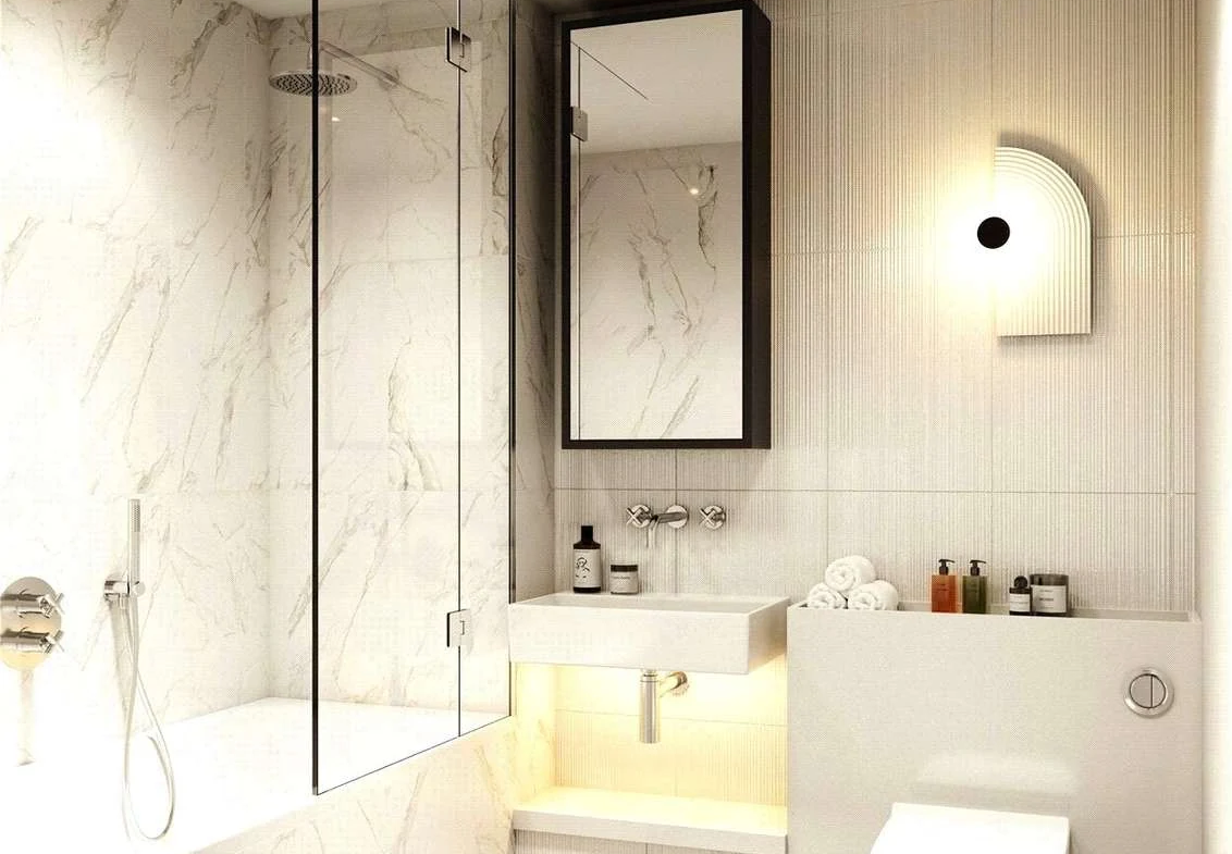Hurlingham Waterfront Sw6 London Prime 2bed Bathroom Marble Tiles Bath Hexagon Floor Under Vanity Lighting Cgi