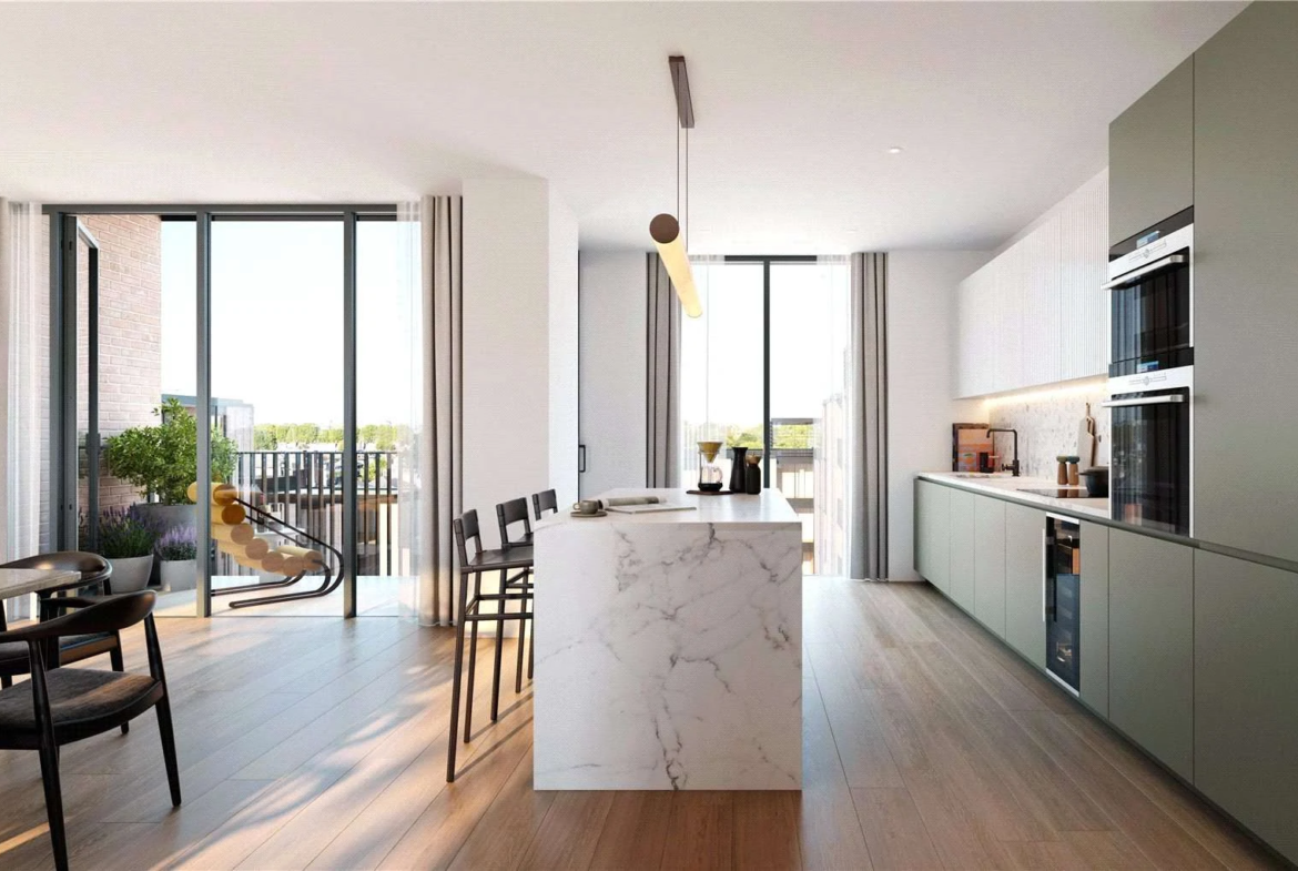 Hurlingham Waterfront Sw6 London Prime 2bed Open Plan Kitchen Marble Island Balcony Oak Floor Cgi