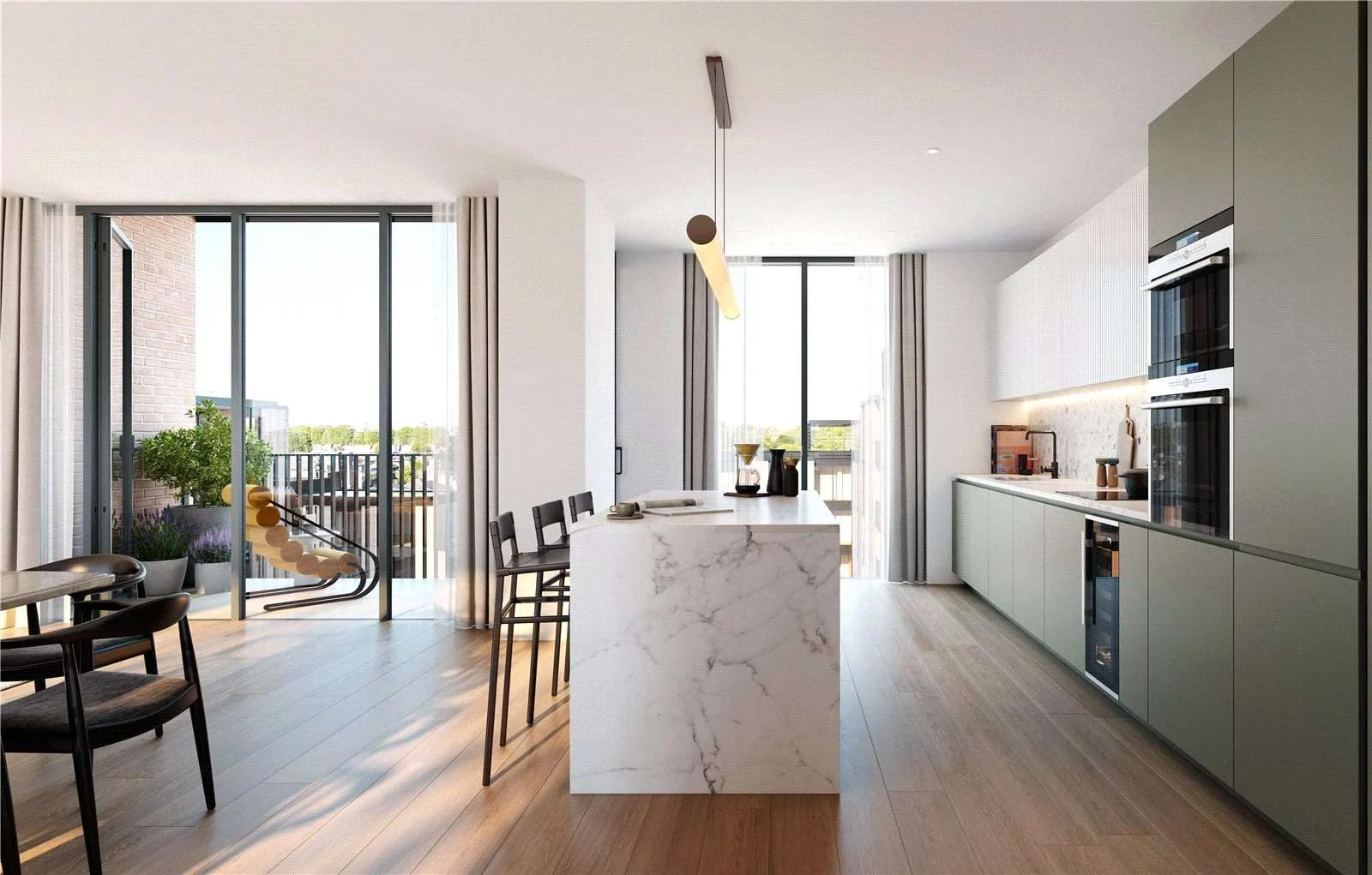 Hurlingham Waterfront Sw6 London Prime 2bed Open Plan Kitchen Marble Island Balcony Oak Floor Cgi