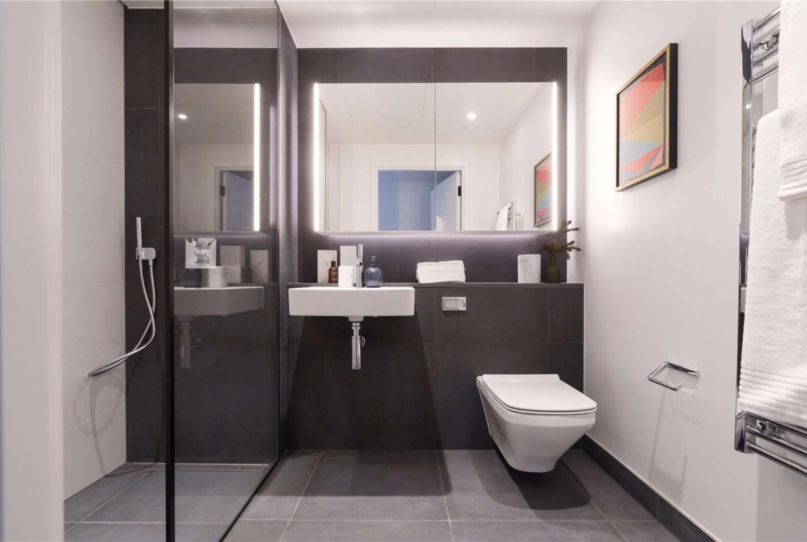 Koa Electric Boulevard Battersea Sw11 2bed Apartment Ensuite Bathroom Dark Tiles Walk In Shower London