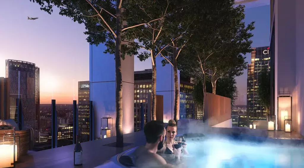 London South Quay Plaza Rooftop Hot Tub Sunset Canary Wharf E14