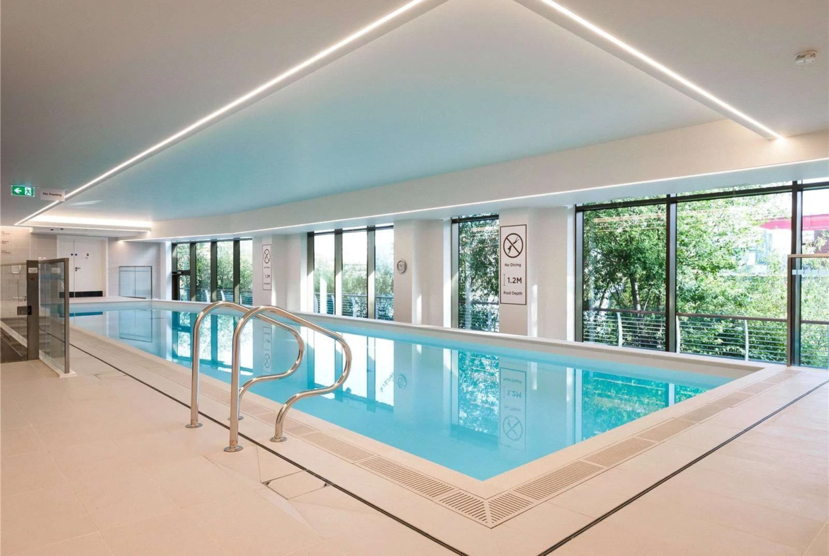 Nine Eastfields Riverside Quarter Wandsworth Sw18 Residents Swimming Pool Floor To Ceiling Windows Garden View