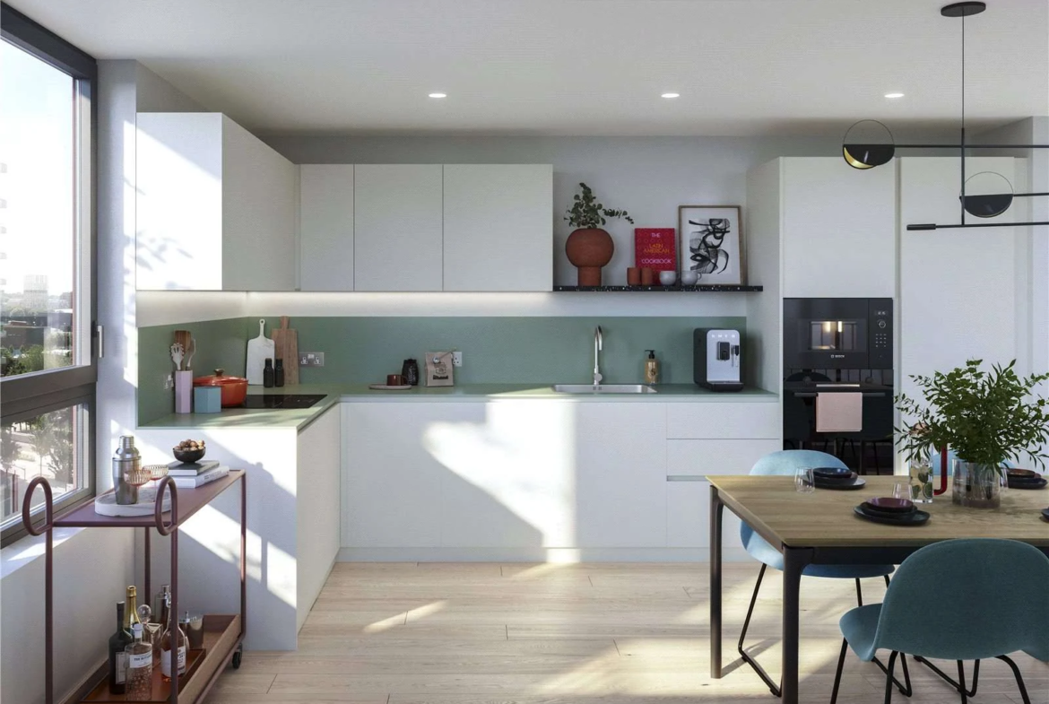 Peninsula Gardens Parkview Greenwich London Se10 Open Plan Kitchen Dining Green Splashback Oak Floor