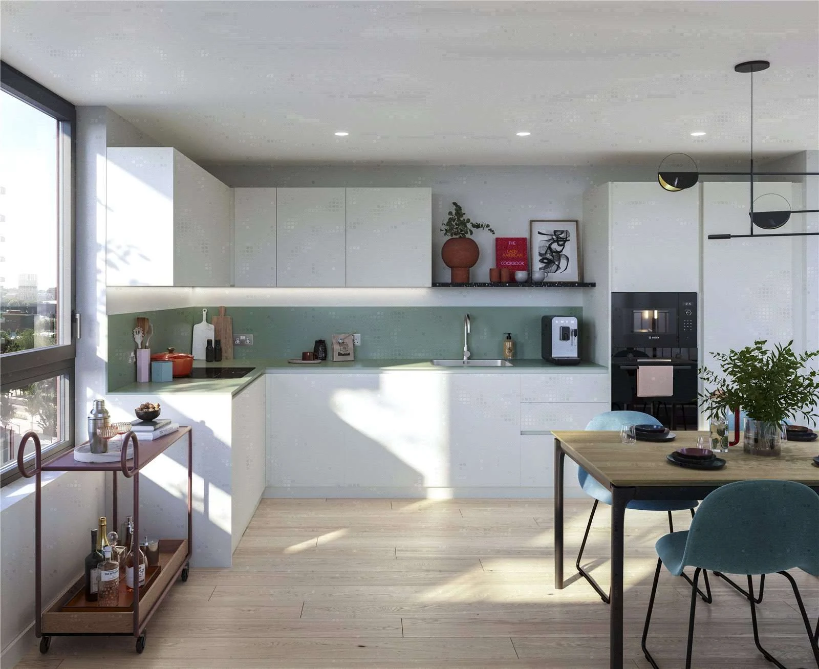 Peninsula Gardens Parkview Greenwich London Se10 Open Plan Kitchen Dining Green Splashback Oak Floor