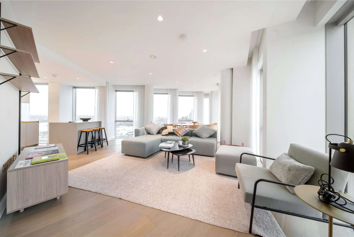 Peninsula Riverfront Greenwich London Se10 3bed Open Plan Living Room Panoramic Thames View 25th Floor