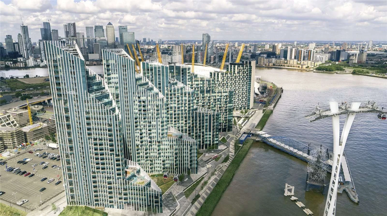 Peninsula Riverfront Greenwich London Se10 Aerial Exterior Glass Towers O2 Arena Thames Canary Wharf