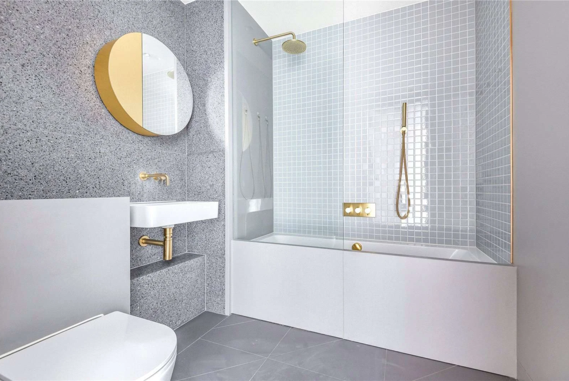 Peninsula Riverfront Greenwich London Se10 Bathroom Bath Shower Brass Gold Fixtures Terrazzo