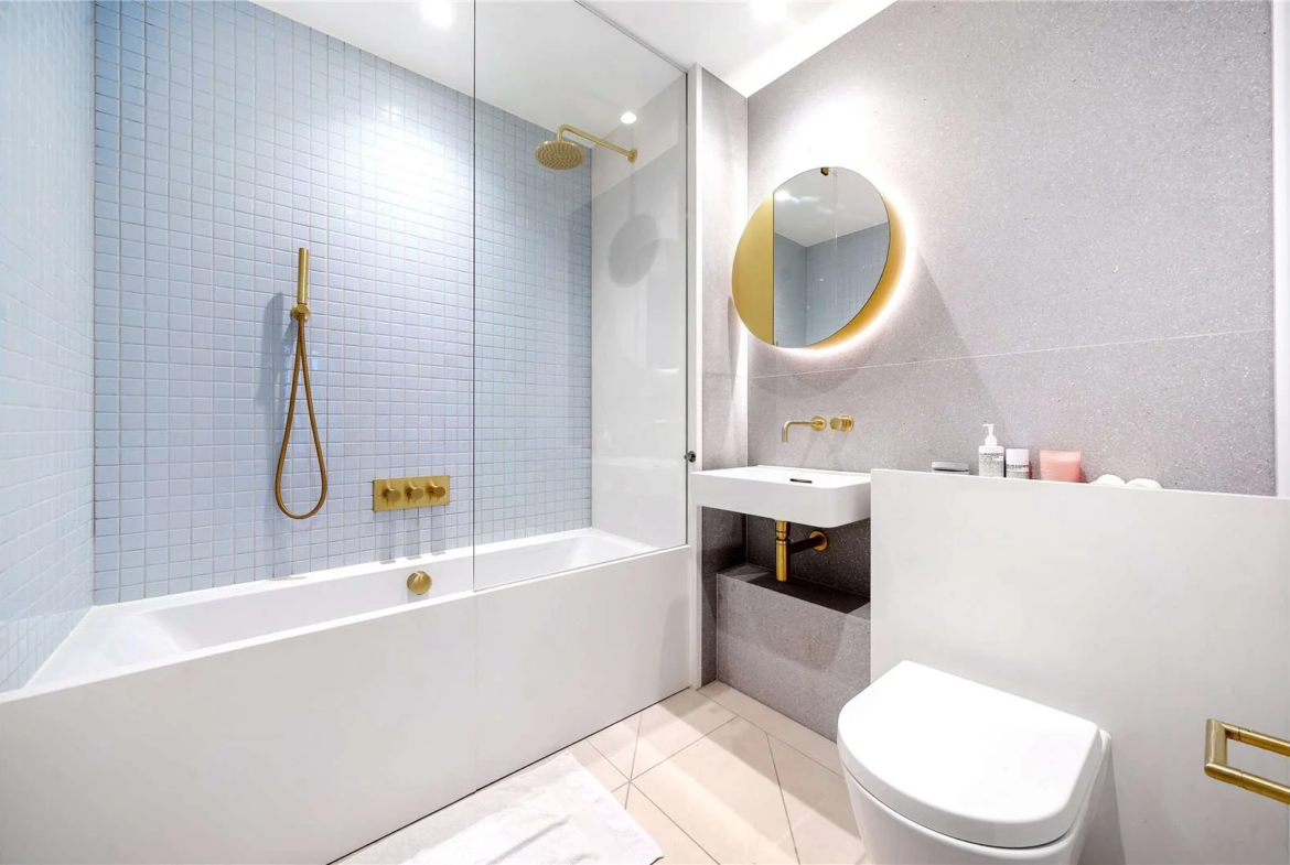 Peninsula Riverfront Greenwich London Se10 Family Bathroom Bath Shower Brass Gold Mosaic Tiles